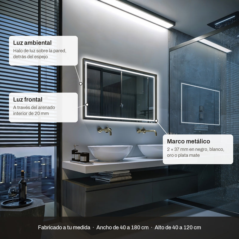 Espejo de baño con luz LED rectangular a medida, con luz frontal y ambiental · Modelo NOLI