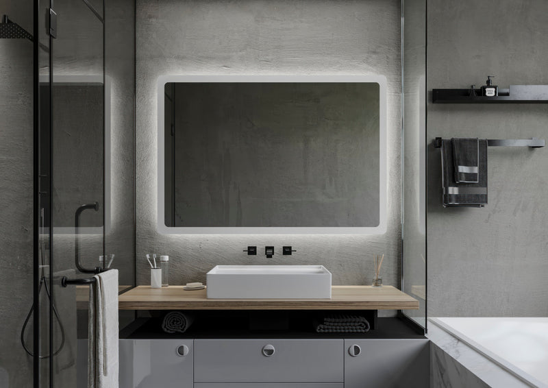 Espejo de baño con luz LED rectangular a medida, con luz frontal y ambiental · Modelo NUSA