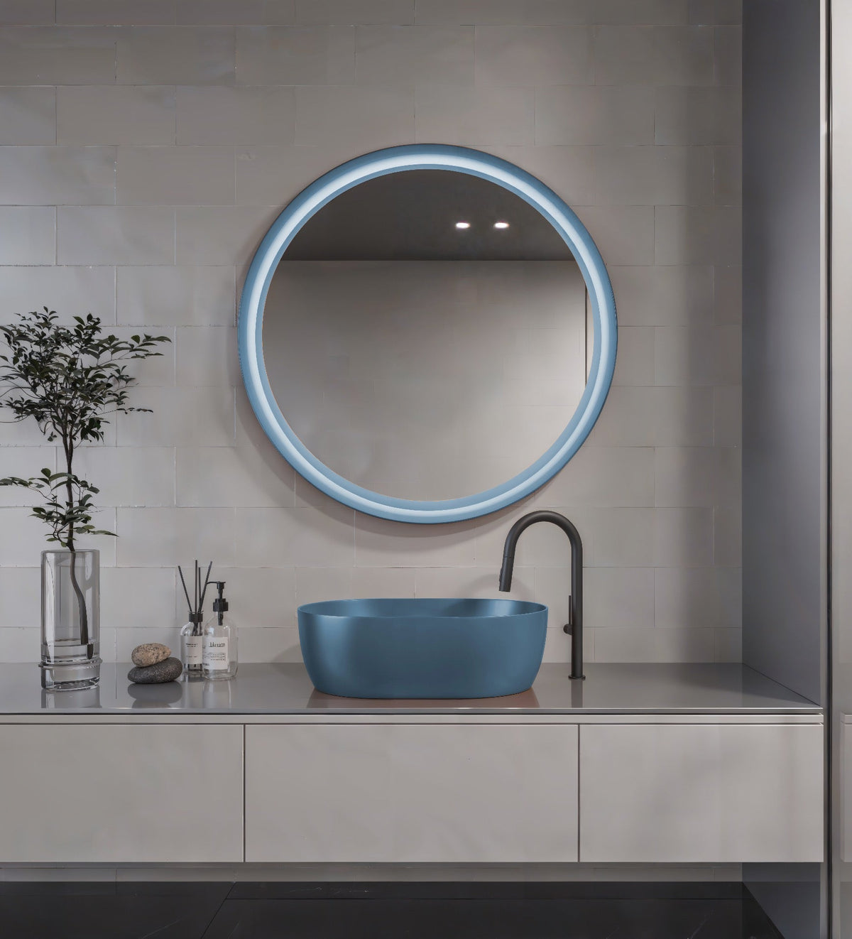 Espejo de baño con luz LED redondo, retroiluminado · Modelo ORONA [config]