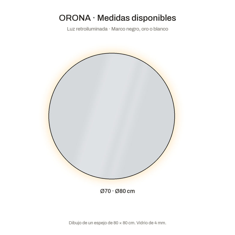 Espejo de baño con luz LED redondo, retroiluminado · Modelo ORONA