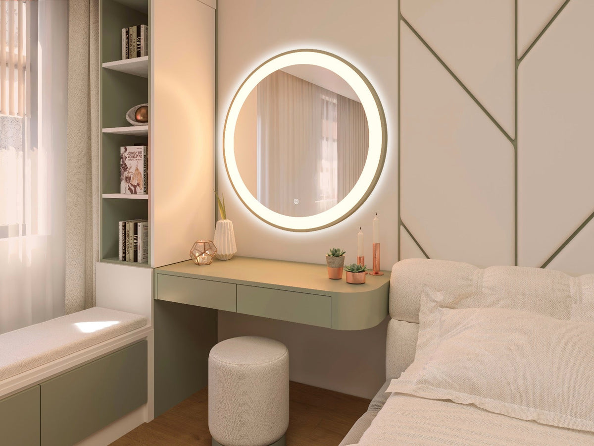 Espejo de baño con luz LED redondo, con luz frontal y ambiental · Modelo PUNO [config]