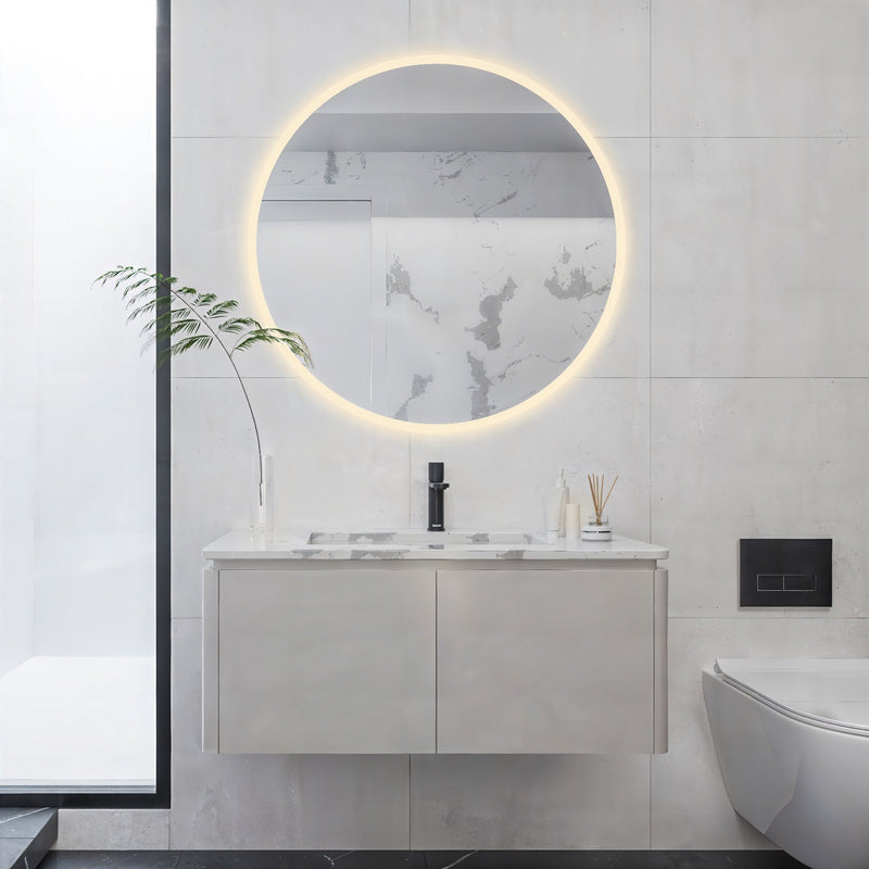 Espejo de baño con luz LED redondo a medida con arenado perimetral fino y luz frontal y ambiental · Modelo RAM