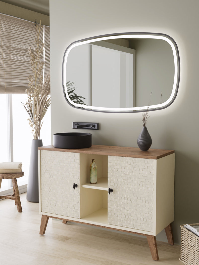 Espejo de baño con luz LED de forma orgánica a medida, con luz frontal y ambiental · Modelo RODENO