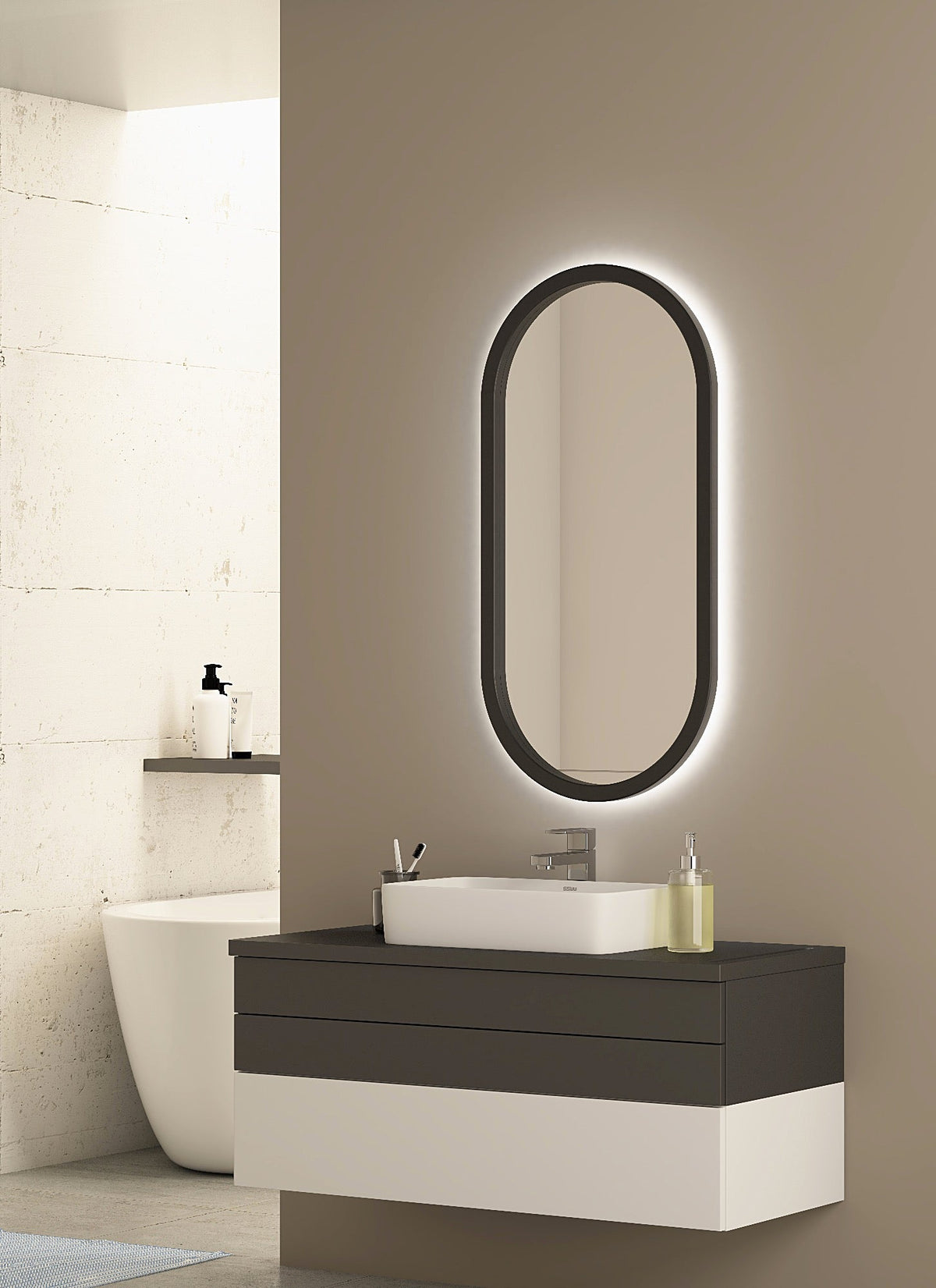 Espejo de baño con luz LED ovalado, retroiluminado · Modelo ROMULO [config]