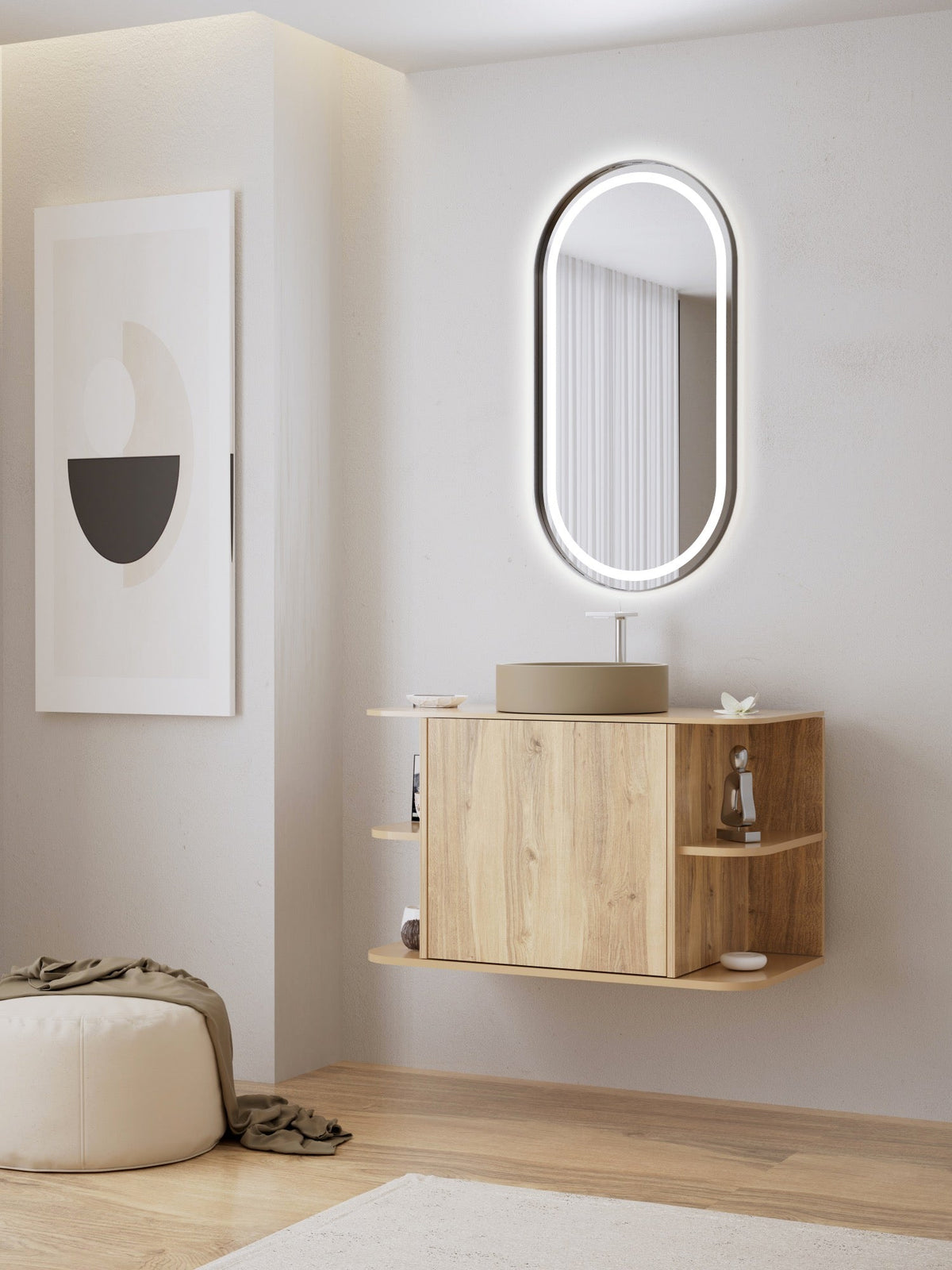 Espejo de baño con luz LED ovalado, con luz frontal y ambiental · Modelo RORUS [config]