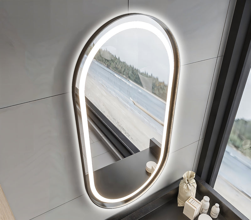 Espejo de baño con luz LED ovalado, con luz frontal y ambiental · Modelo RORUS