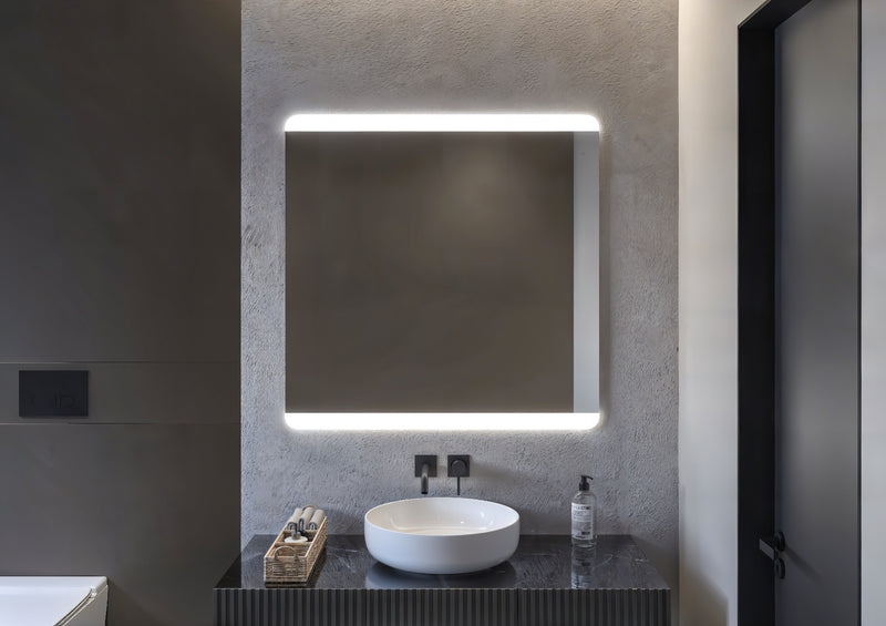 Espejo de baño con luz LED rectangular a medida, con luz frontal y ambiental · Modelo RUDO
