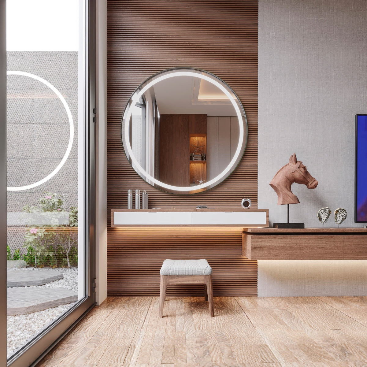 Espejo de baño con luz LED redondo, con luz frontal · Modelo SAEZ [config]