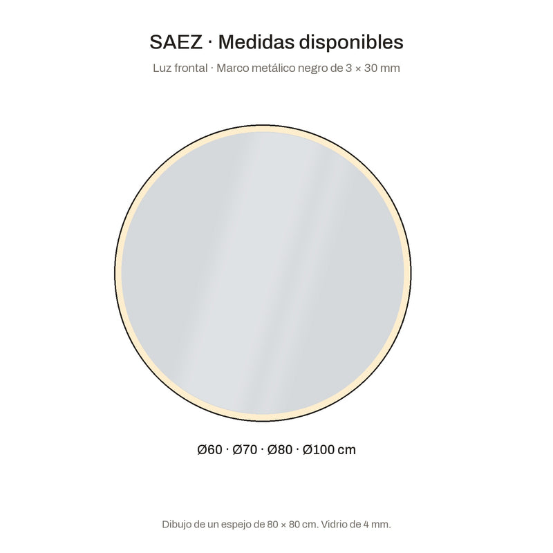 Espejo de baño con luz LED redondo, con luz frontal · Modelo SAEZ