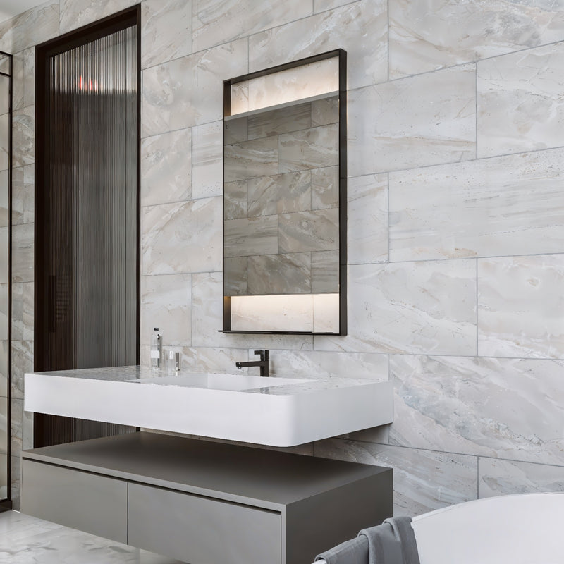 Espejo de baño con luz LED rectangular a medida, retroiluminado · Modelo SAGART
