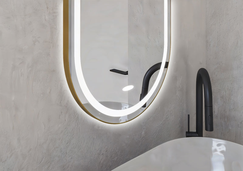 Espejo de baño con luz LED ovalado, con luz frontal y ambiental · Modelo SALVA