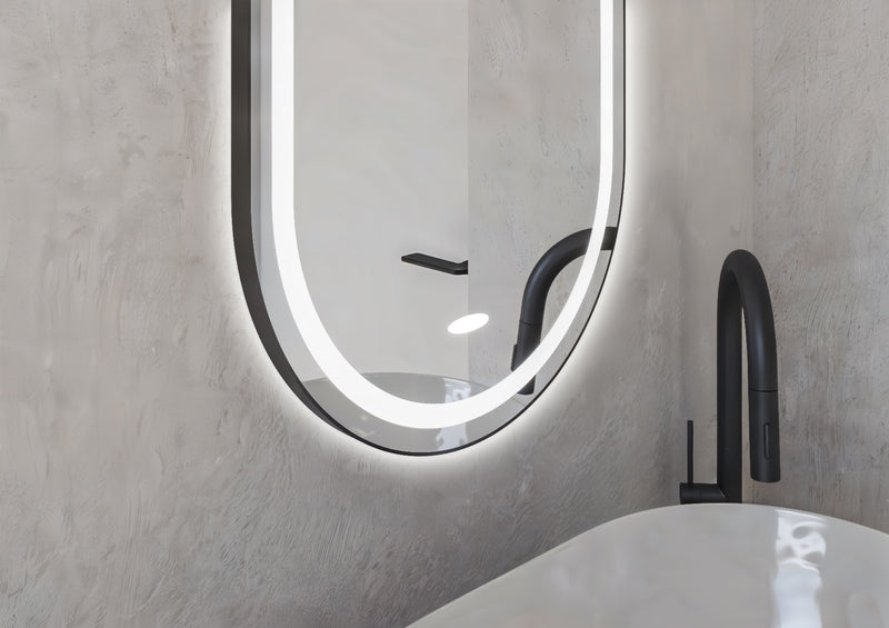 Espejo de baño con luz LED ovalado, con luz frontal y ambiental · Modelo SALVA