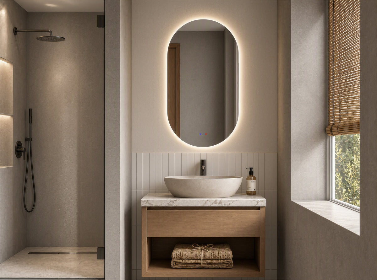 Espejo ovalado ALICE LUXE de 50 × 90 cm con luz LED retroiluminada en un baño
