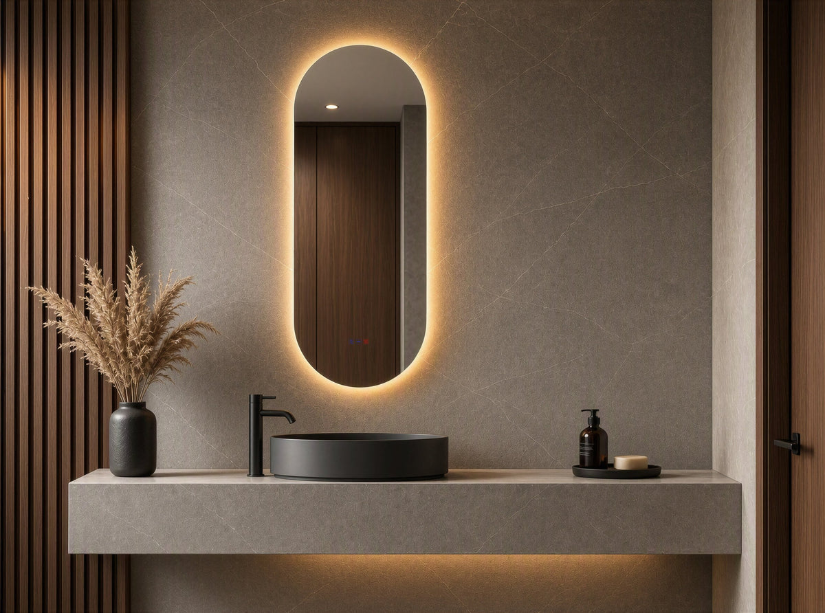 Espejo ovalado ALICE LUXE de 50 × 120 cm con luz LED retroiluminada en un baño