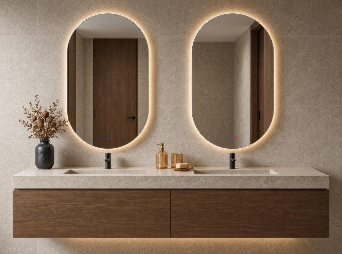 Espejo ovalado ALICE LUXE de 60 × 100 cm con luz LED retroiluminada en un baño