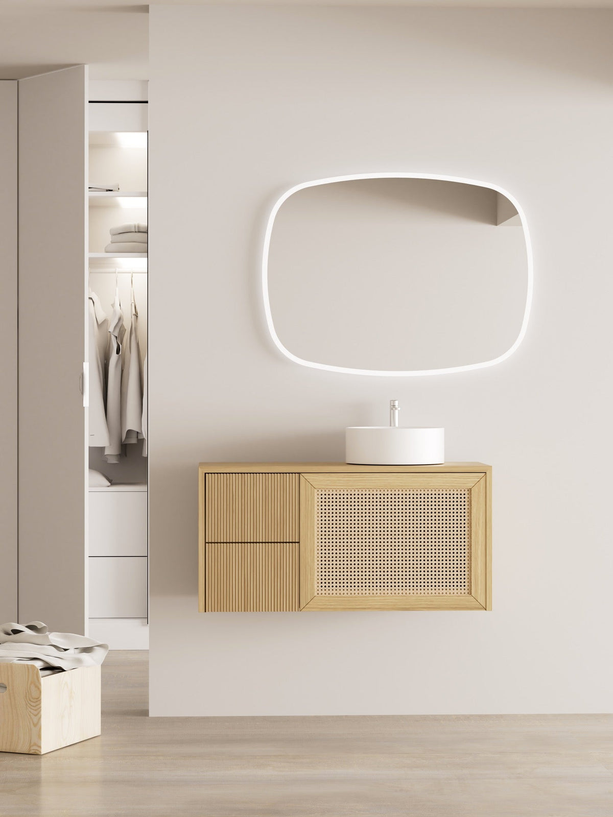 Espejo de baño con luz LED de forma orgánica a medida, con luz frontal y ambiental · Modelo SINA [config]