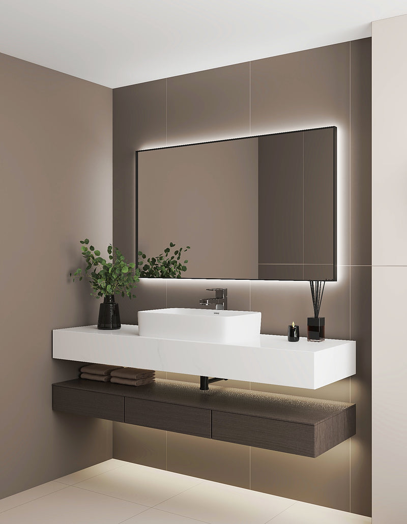 Espejo de baño con luz LED rectangular a medida, retroiluminado · Modelo TANIA