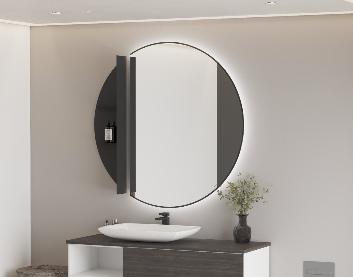 Espejo de baño redondo retroiluminado con estantería lateral, modelo TEBOT
