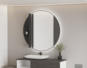 Espejo de baño redondo retroiluminado con estantería lateral, modelo TEBOT