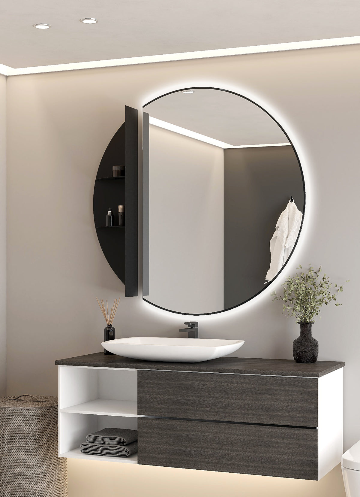 Espejo TEBOT con luz ambiental y estantería negra de dos baldas sobre el lavabo