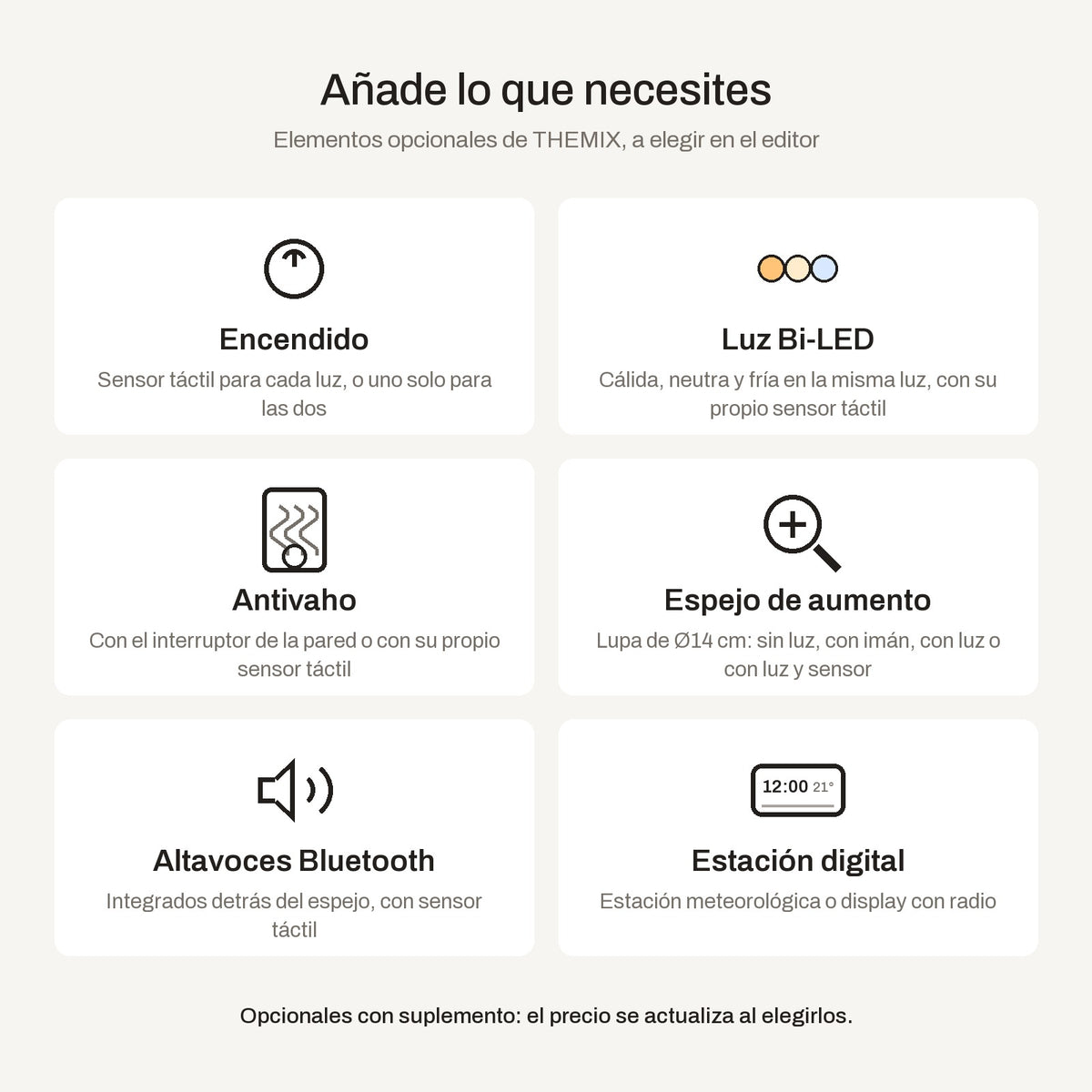 Elementos opcionales del espejo THEMIX: sensor táctil por luz, luz Bi-LED, antivaho, espejo de aumento, altavoces Bluetooth y estación digital