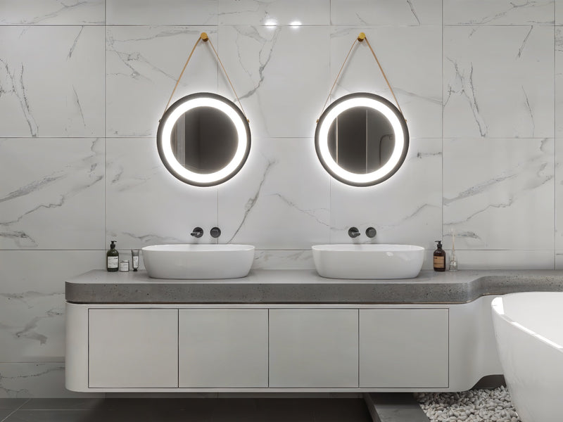 Espejo de baño con luz LED redondo, con luz frontal y ambiental · Modelo TONI