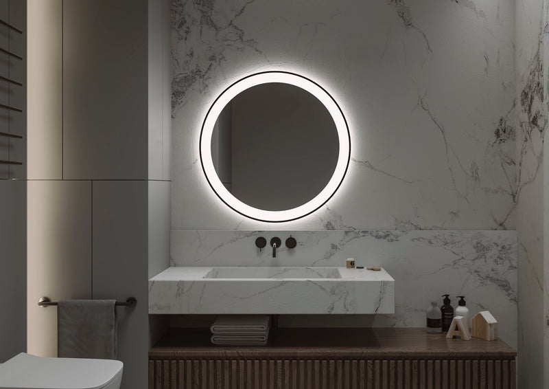 Espejo de baño con luz LED redondo, con luz frontal y ambiental · Modelo VEGA