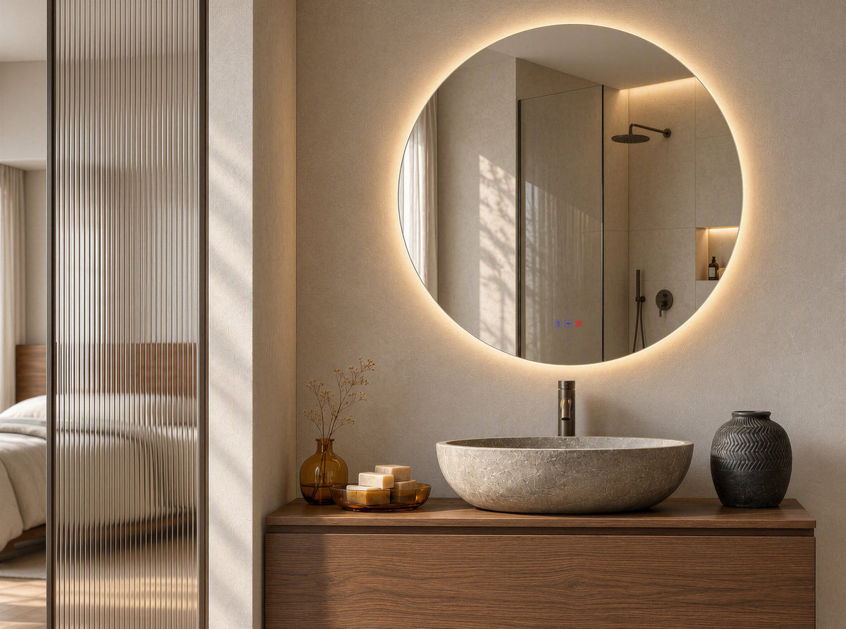 Espejo redondo Veneto de Ø 70 cm con luz LED retroiluminada en un baño