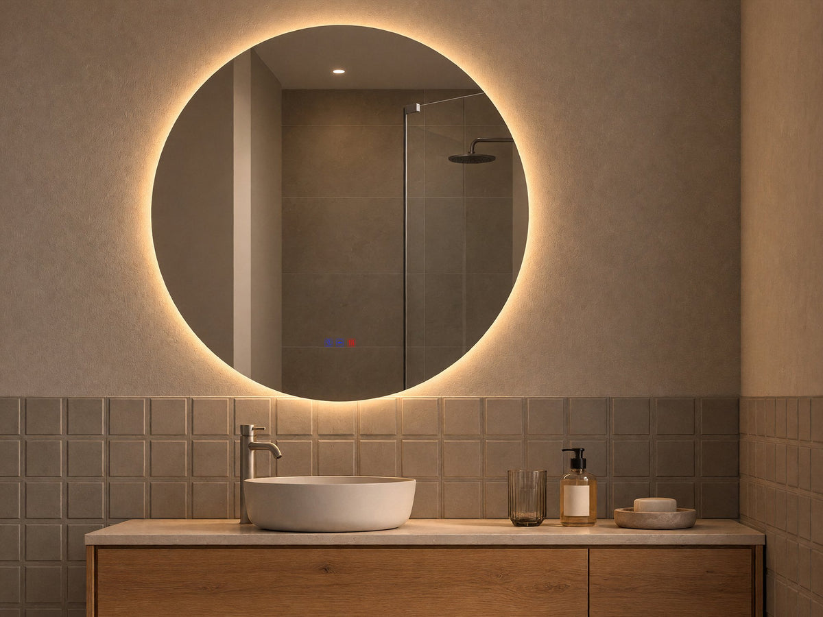Espejo redondo Veneto de Ø 90 cm con luz cálida (2700 K) en un baño