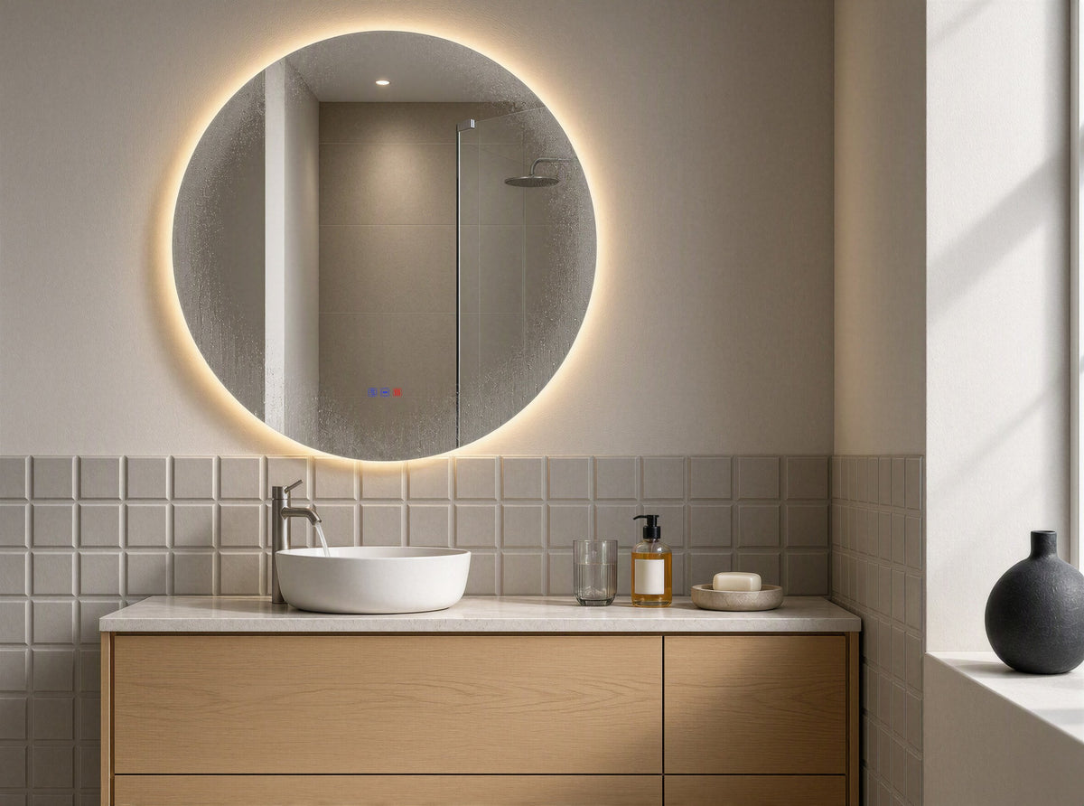 Espejo redondo Veneto de Ø 90 cm con luz neutra (4000 K) en un baño