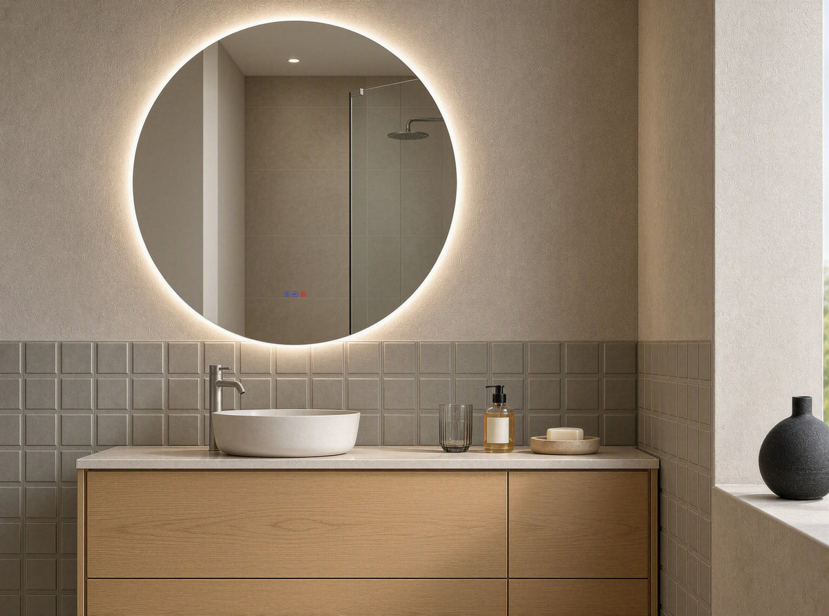 Espejo redondo Veneto de Ø 90 cm con luz fría (6000 K) en un baño
