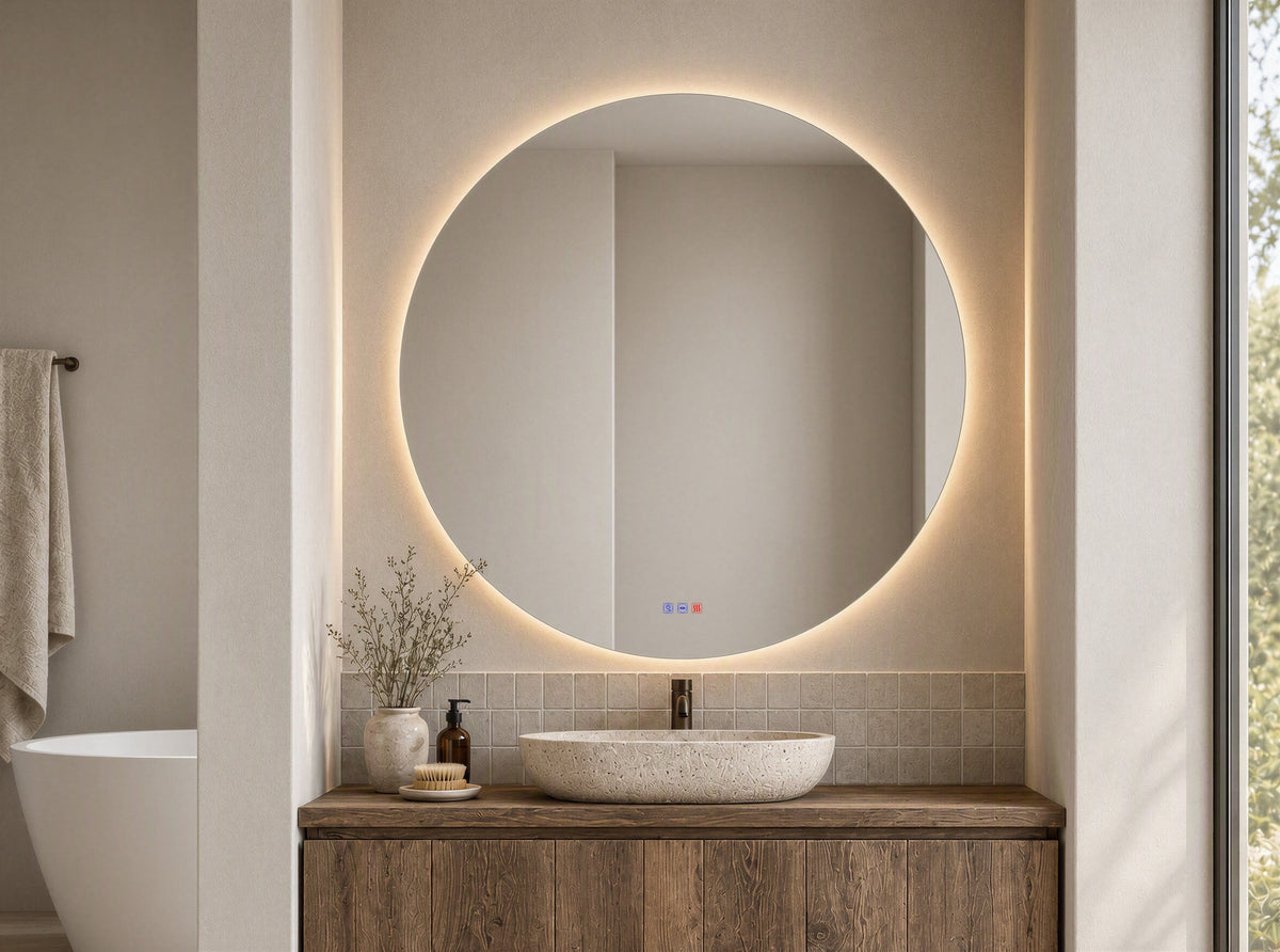 Espejo redondo Veneto de Ø 100 cm con luz neutra (4000 K) en un baño
