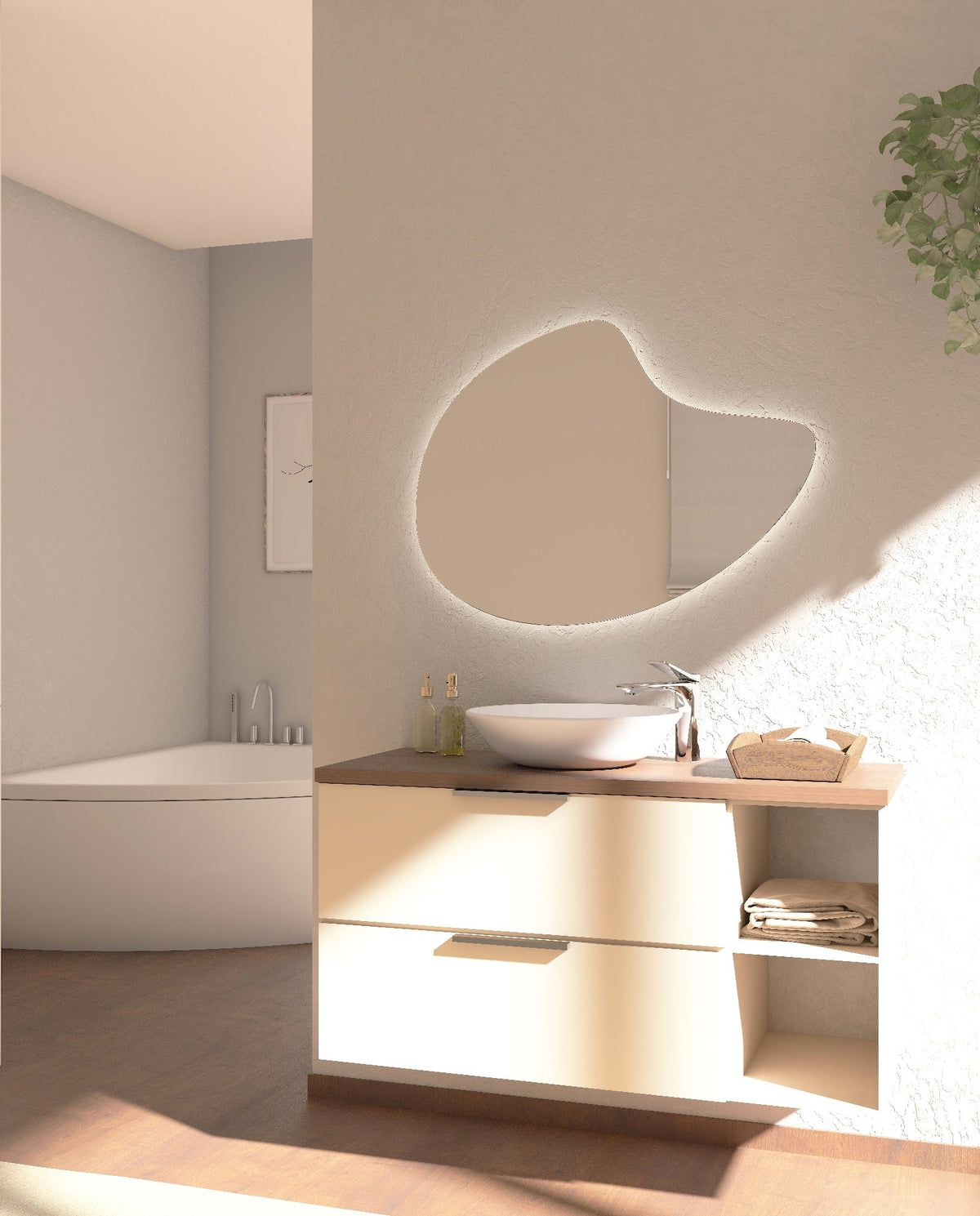 Espejo de baño con luz LED de forma orgánica, retroiluminado · Modelo WORLD [config]