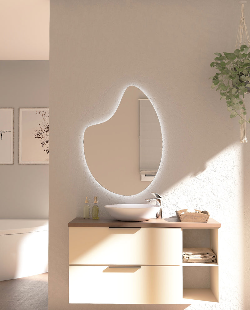 Espejo de baño con luz LED de forma orgánica, retroiluminado · Modelo WORLD