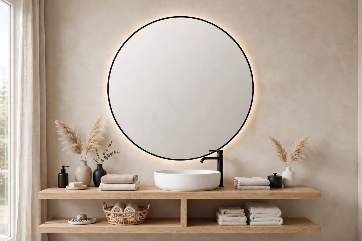 Espejo de baño con luz LED redondo a medida retroiluminado · Modelo MAMBA