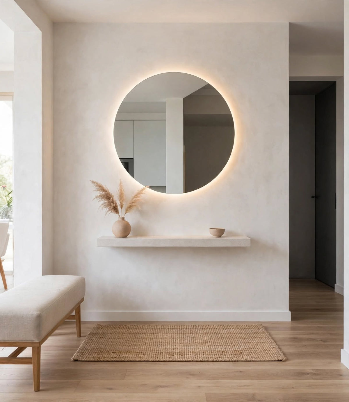 Espejo de baño con luz LED redondo a medida retroiluminado · Modelo DIAN