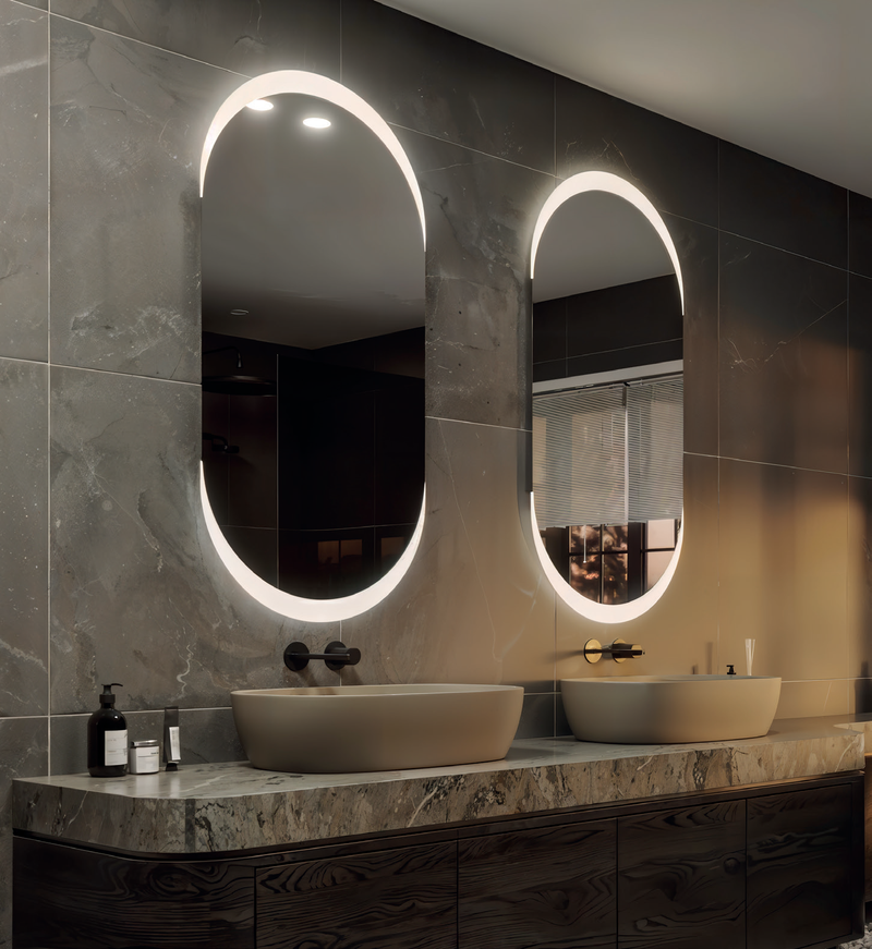 Espejo de baño ovalado con luz LED retroiluminado y Luz Frontal · Modelo Nala EXPRESS