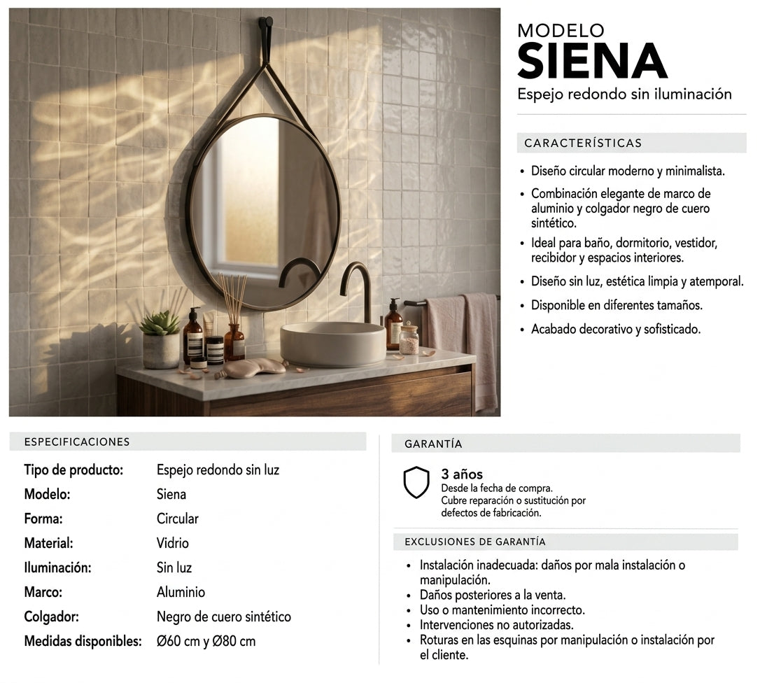 Espejo de baño redondo sin luz entrega 24-72h · Modelo Siena EXPRESS